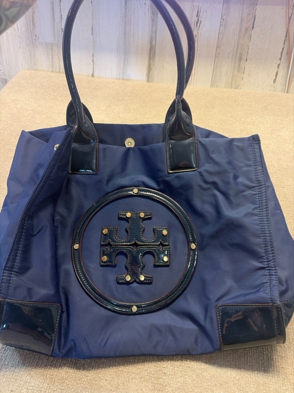 Tory Burch Nylon Tote Navy Blue Reva Logo Patent Leather Trim Shoulder Bag